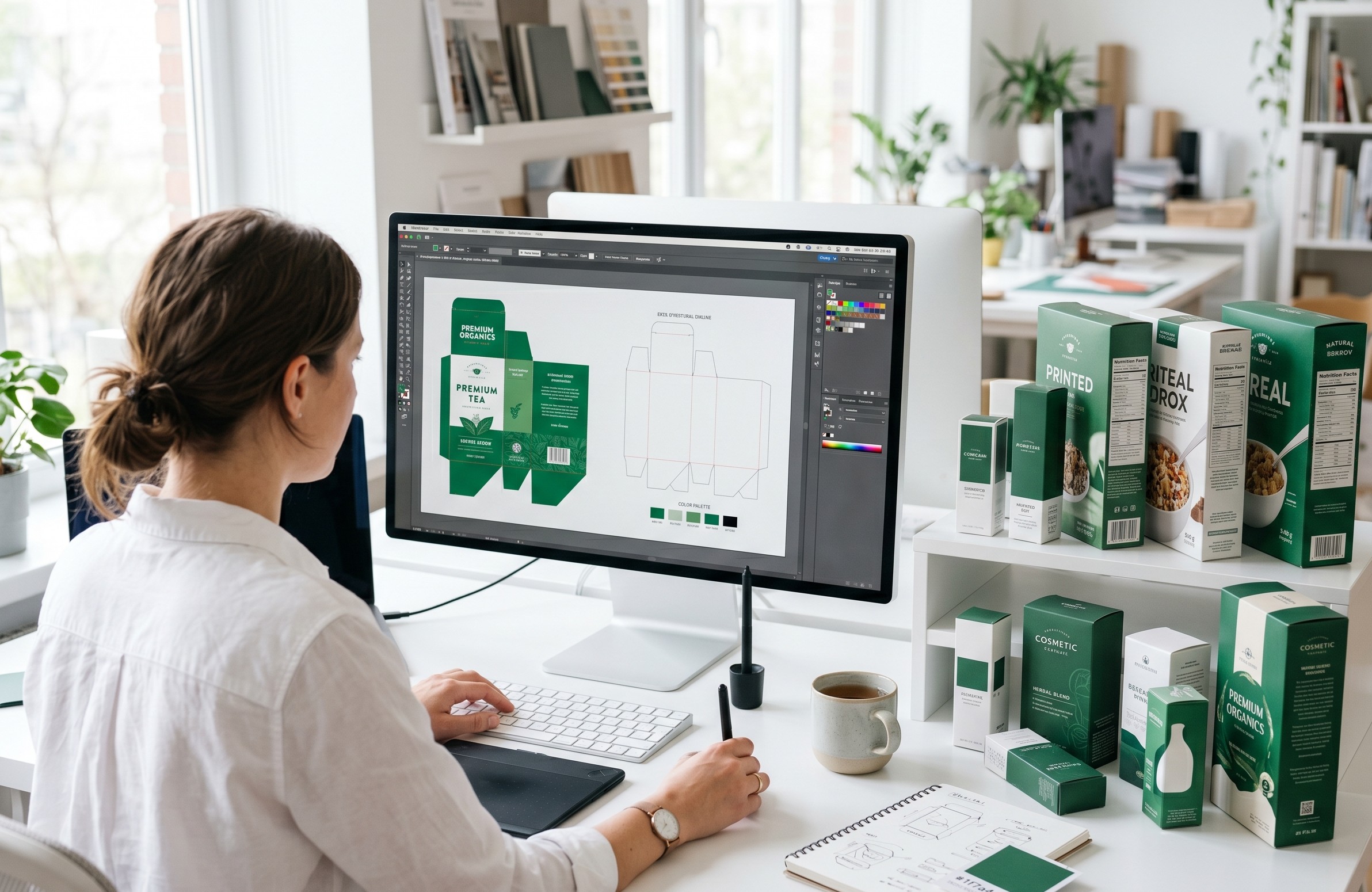Packaging designer working on box artwork and a dieline template
