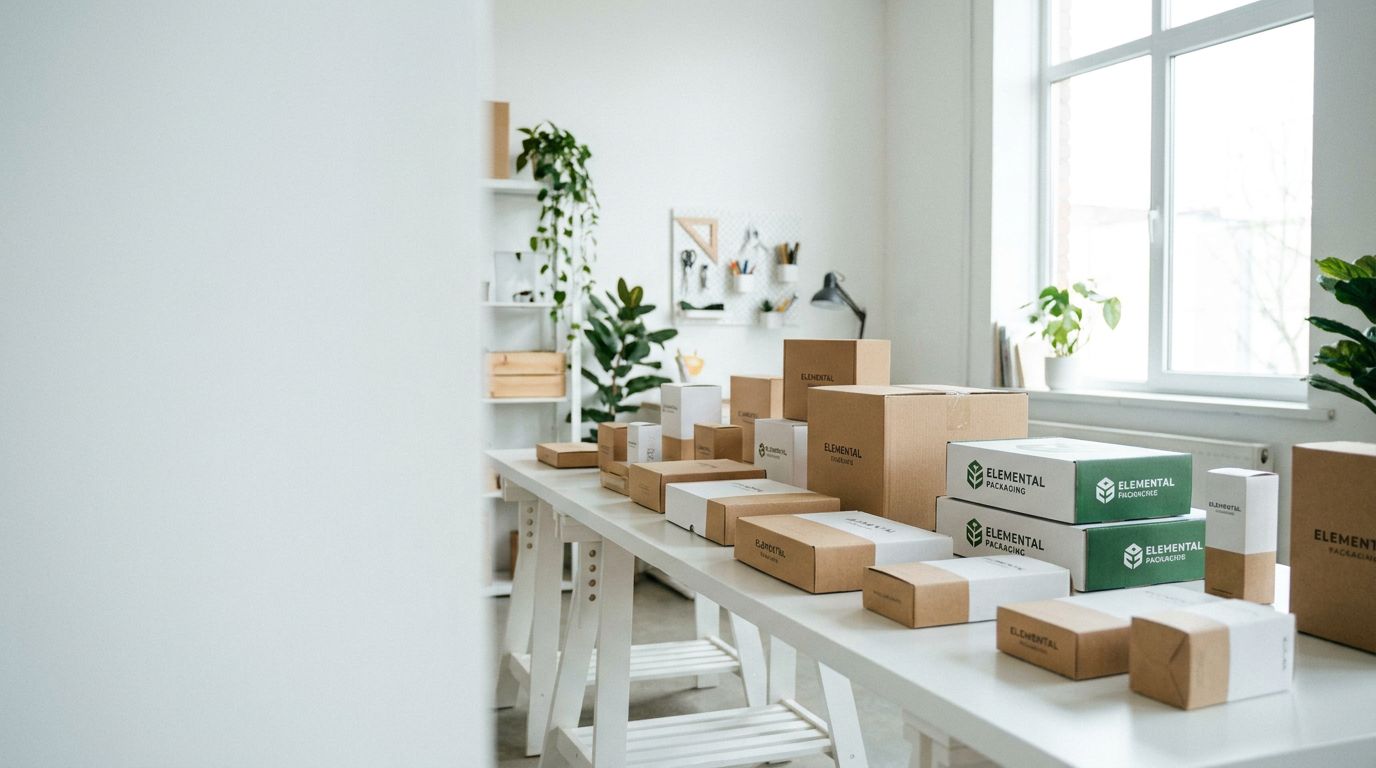 Range of bespoke custom packaging boxes arranged in a bright modern studio